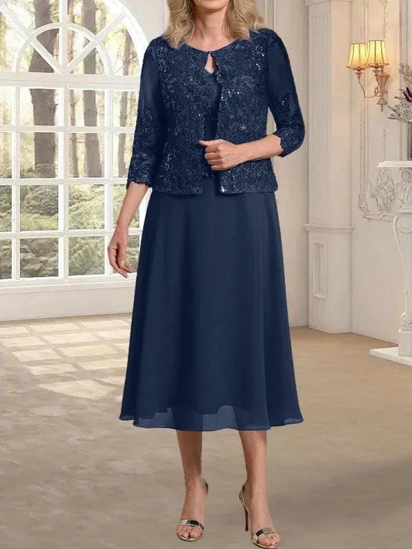 A-line Scoop Tea-Length Lace Chiffon Mother of the Bride Dress With Sequins - Image 28