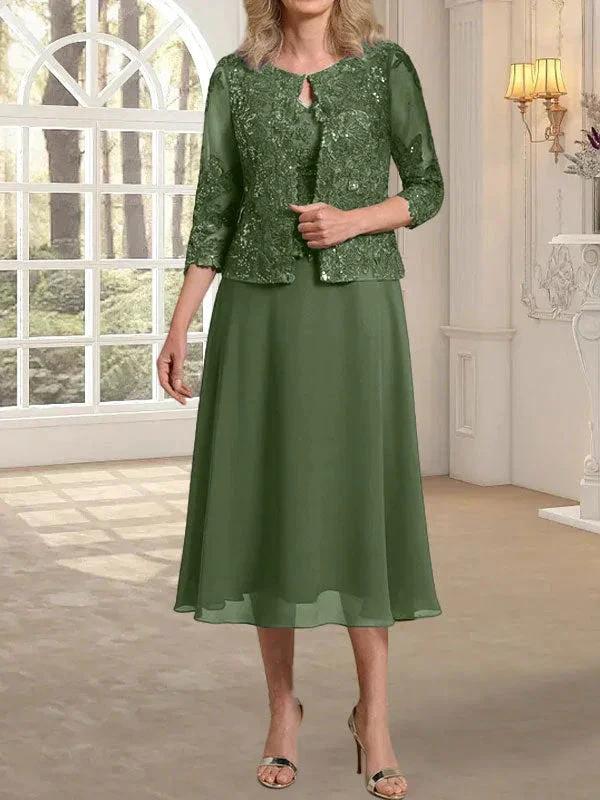 A-line Scoop Tea-Length Lace Chiffon Mother of the Bride Dress With Sequins - Image 29