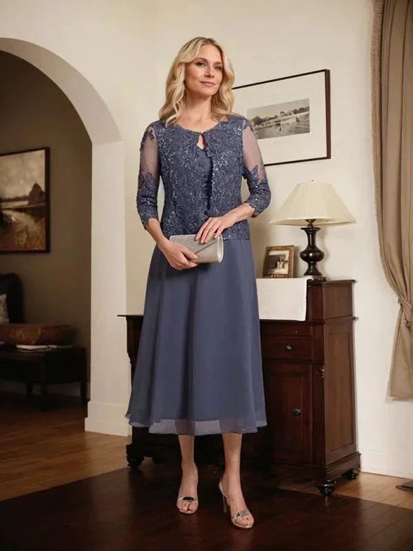 A-line Scoop Tea-Length Lace Chiffon Mother of the Bride Dress With Sequins - Image 3