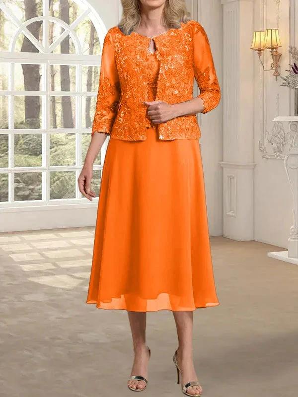 A-line Scoop Tea-Length Lace Chiffon Mother of the Bride Dress With Sequins - Image 30