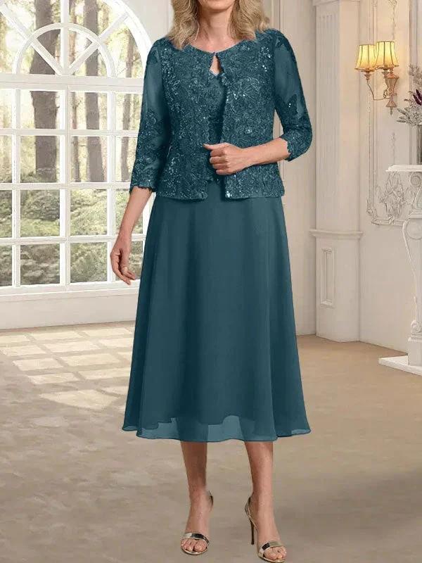 A-line Scoop Tea-Length Lace Chiffon Mother of the Bride Dress With Sequins - Image 31