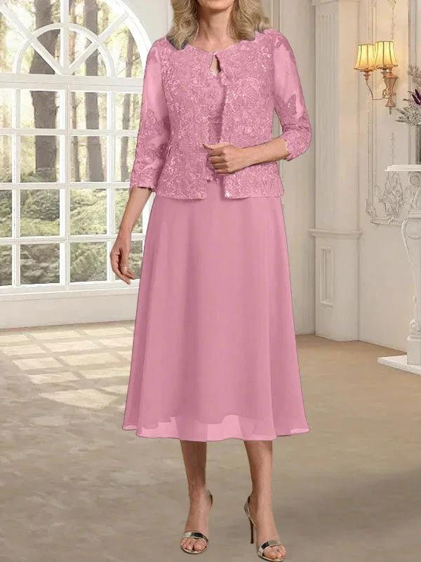 A-line Scoop Tea-Length Lace Chiffon Mother of the Bride Dress With Sequins - Image 32