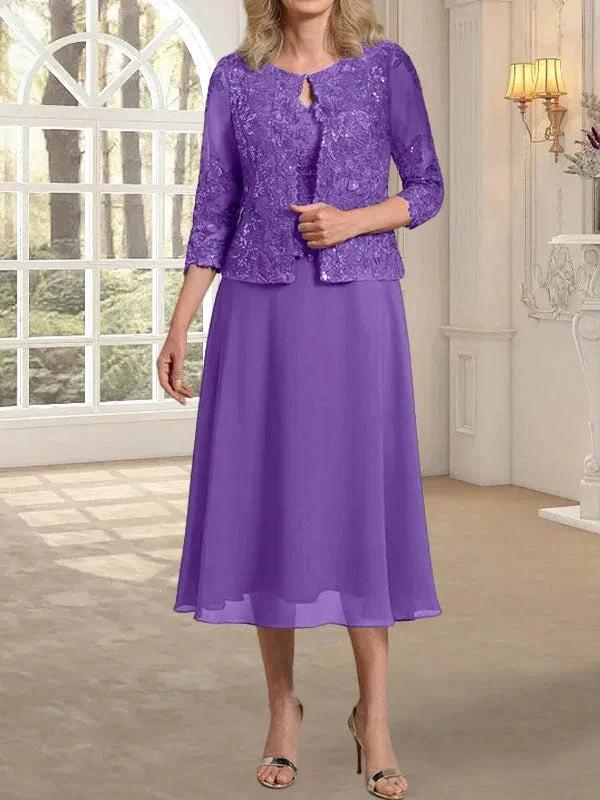 A-line Scoop Tea-Length Lace Chiffon Mother of the Bride Dress With Sequins - Image 33