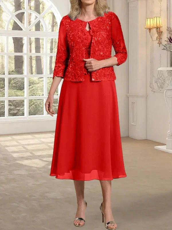 A-line Scoop Tea-Length Lace Chiffon Mother of the Bride Dress With Sequins - Image 34