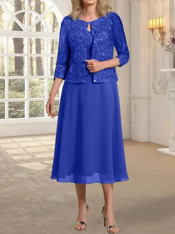 A-line Scoop Tea-Length Lace Chiffon Mother of the Bride Dress With Sequins - Image 35
