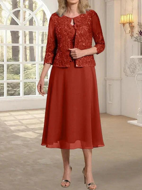 A-line Scoop Tea-Length Lace Chiffon Mother of the Bride Dress With Sequins - Image 36