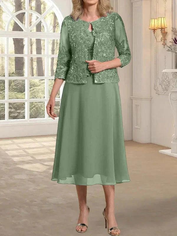 A-line Scoop Tea-Length Lace Chiffon Mother of the Bride Dress With Sequins - Image 37