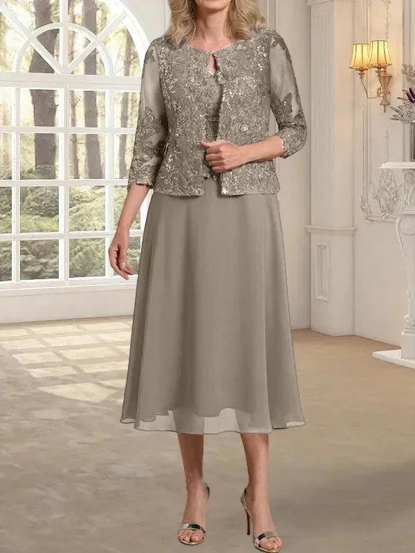 A-line Scoop Tea-Length Lace Chiffon Mother of the Bride Dress With Sequins - Image 38