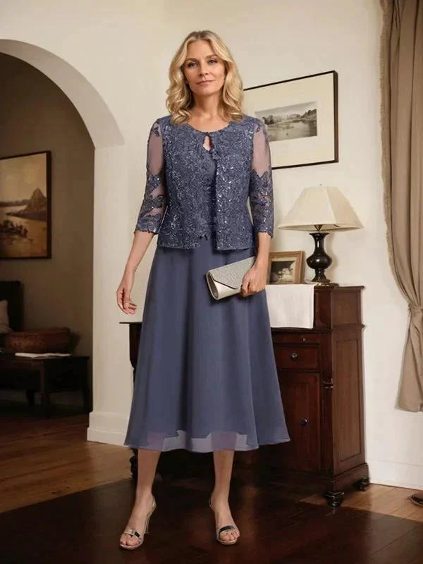 A-line Scoop Tea-Length Lace Chiffon Mother of the Bride Dress With Sequins - Image 4