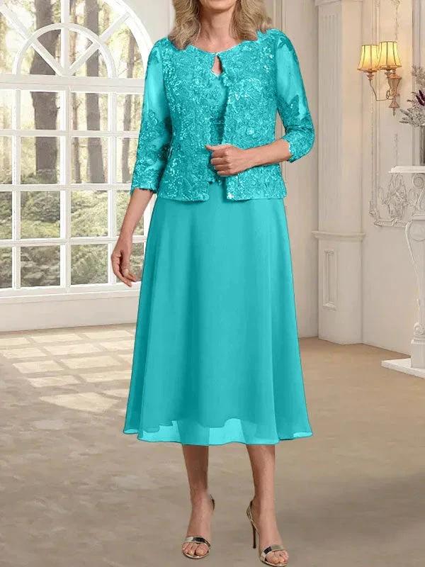 A-line Scoop Tea-Length Lace Chiffon Mother of the Bride Dress With Sequins - Image 40