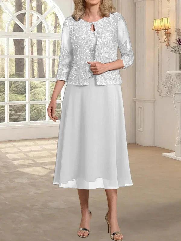 A-line Scoop Tea-Length Lace Chiffon Mother of the Bride Dress With Sequins - Image 41
