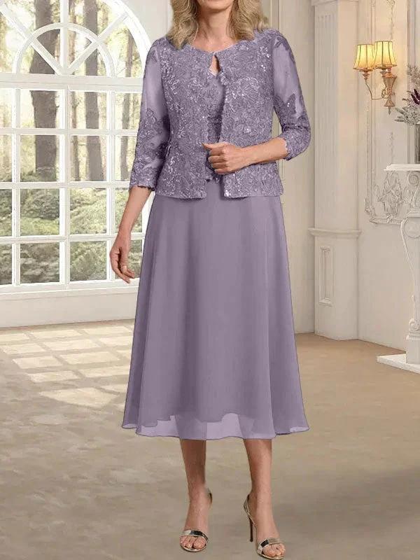 A-line Scoop Tea-Length Lace Chiffon Mother of the Bride Dress With Sequins - Image 43