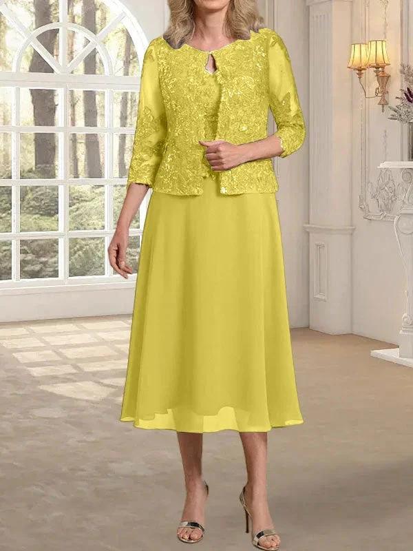 A-line Scoop Tea-Length Lace Chiffon Mother of the Bride Dress With Sequins - Image 44