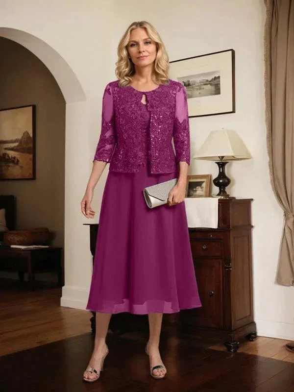 A-line Scoop Tea-Length Lace Chiffon Mother of the Bride Dress With Sequins - Image 45