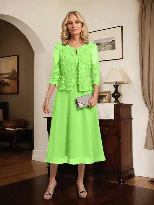 A-line Scoop Tea-Length Lace Chiffon Mother of the Bride Dress With Sequins - Image 46