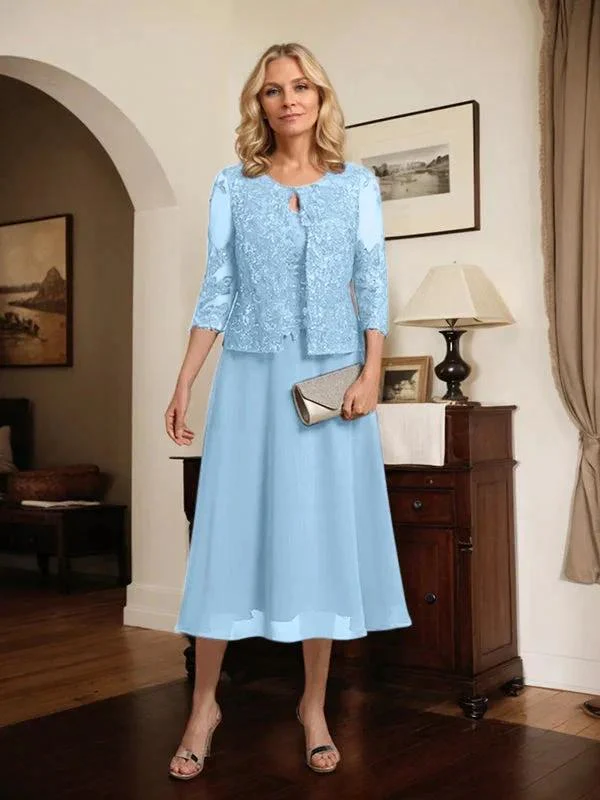 A-line Scoop Tea-Length Lace Chiffon Mother of the Bride Dress With Sequins - Image 47