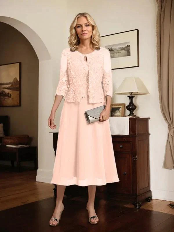 A-line Scoop Tea-Length Lace Chiffon Mother of the Bride Dress With Sequins - Image 48