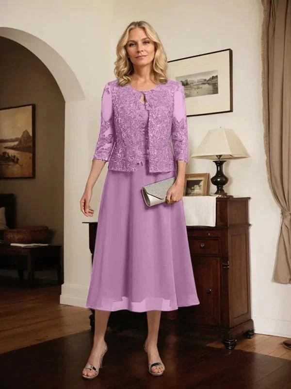 A-line Scoop Tea-Length Lace Chiffon Mother of the Bride Dress With Sequins - Image 49