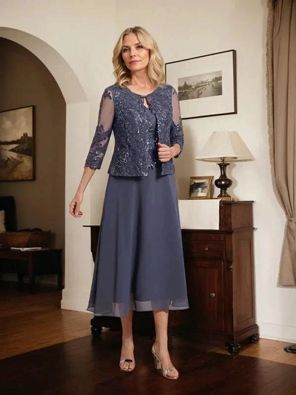 A-line Scoop Tea-Length Lace Chiffon Mother of the Bride Dress With Sequins - Image 5