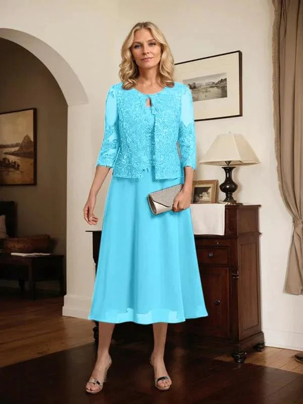 A-line Scoop Tea-Length Lace Chiffon Mother of the Bride Dress With Sequins - Image 50