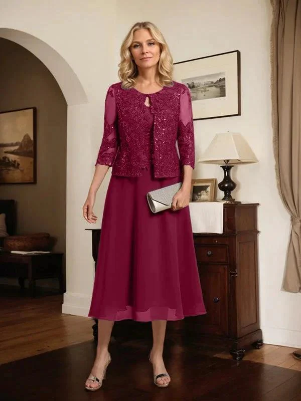 A-line Scoop Tea-Length Lace Chiffon Mother of the Bride Dress With Sequins - Image 51