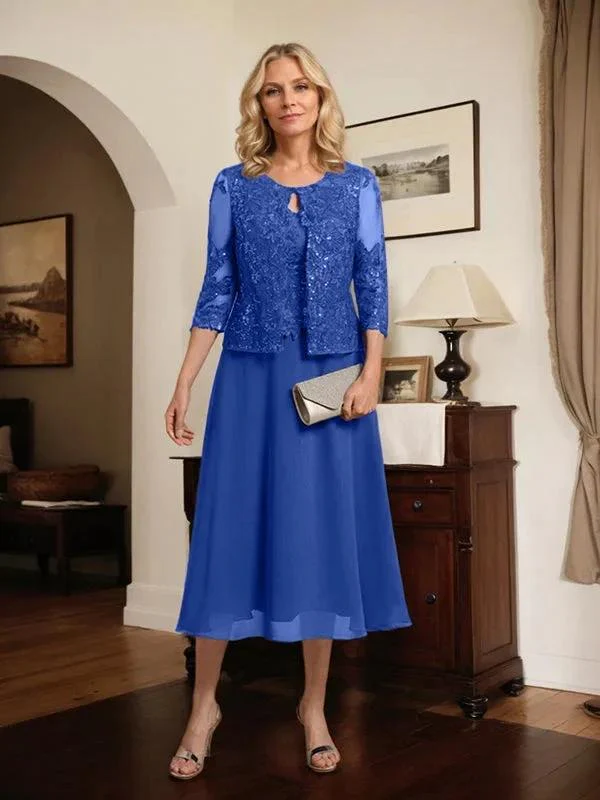 A-line Scoop Tea-Length Lace Chiffon Mother of the Bride Dress With Sequins - Image 53