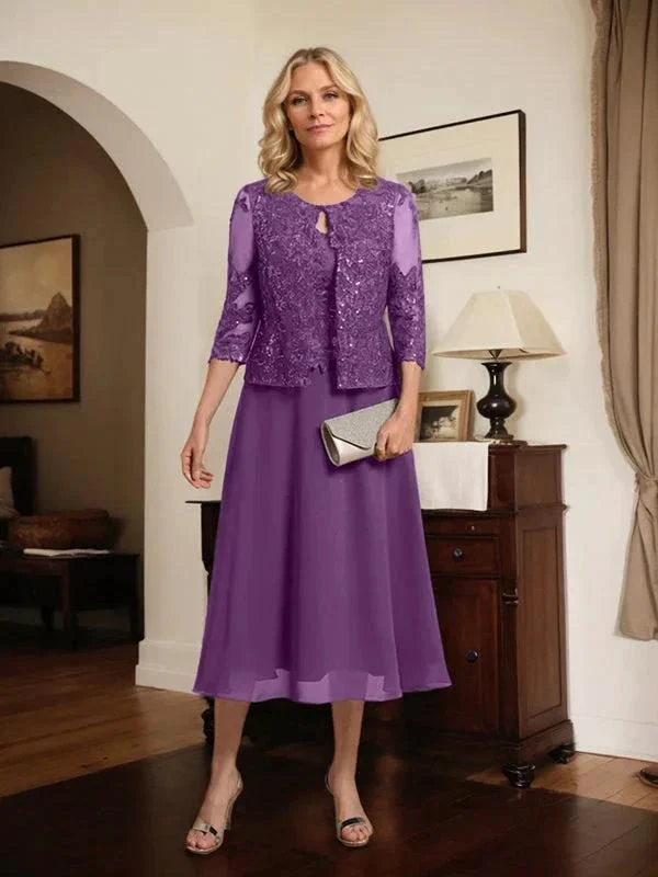 A-line Scoop Tea-Length Lace Chiffon Mother of the Bride Dress With Sequins - Image 54