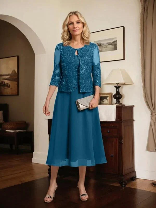 A-line Scoop Tea-Length Lace Chiffon Mother of the Bride Dress With Sequins - Image 55