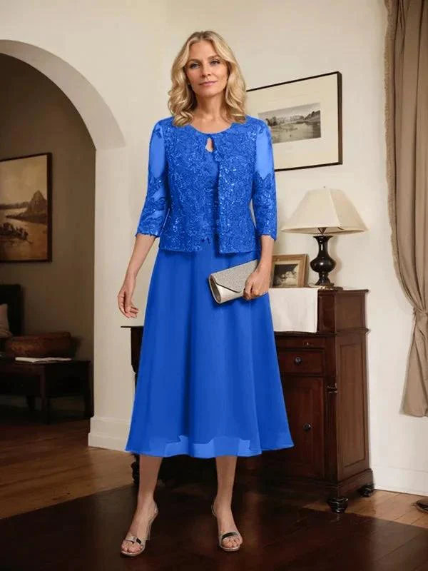 A-line Scoop Tea-Length Lace Chiffon Mother of the Bride Dress With Sequins - Image 56