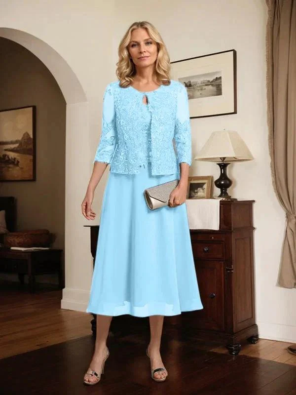 A-line Scoop Tea-Length Lace Chiffon Mother of the Bride Dress With Sequins - Image 58