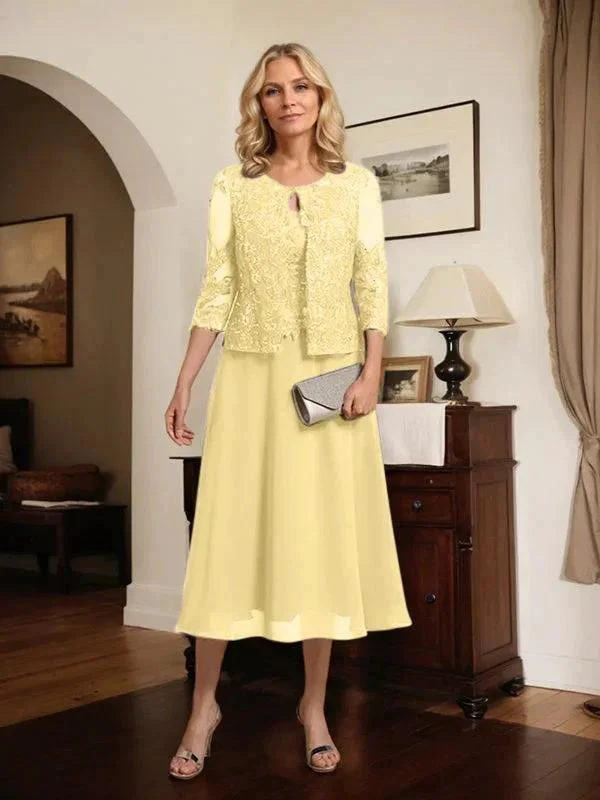A-line Scoop Tea-Length Lace Chiffon Mother of the Bride Dress With Sequins - Image 59