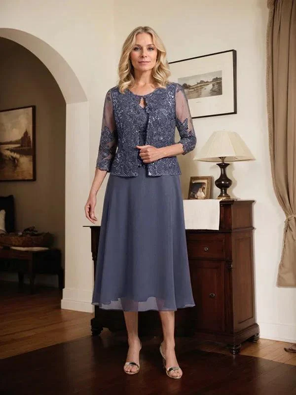 A-line Scoop Tea-Length Lace Chiffon Mother of the Bride Dress With Sequins - Image 6