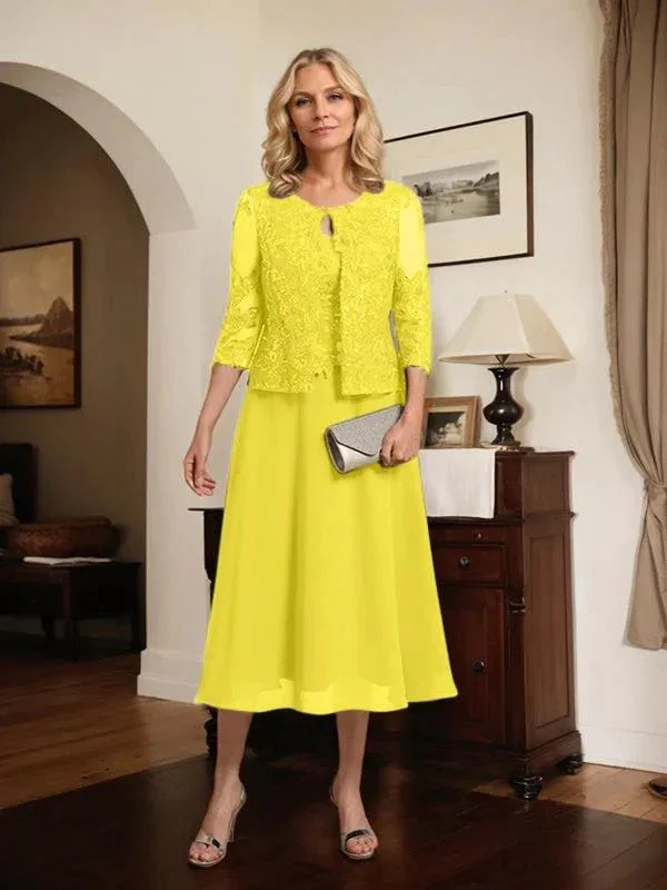 A-line Scoop Tea-Length Lace Chiffon Mother of the Bride Dress With Sequins - Image 60