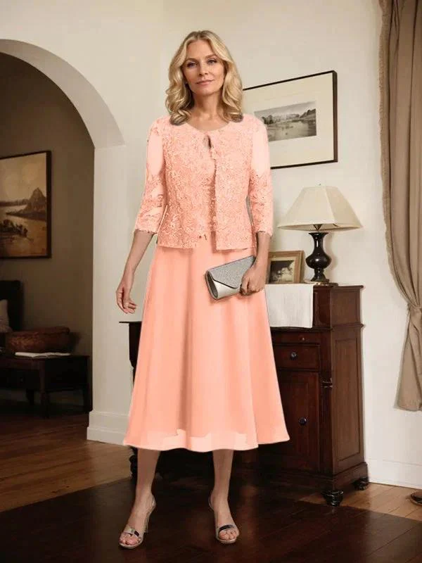 A-line Scoop Tea-Length Lace Chiffon Mother of the Bride Dress With Sequins - Image 62