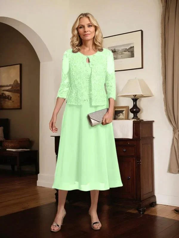 A-line Scoop Tea-Length Lace Chiffon Mother of the Bride Dress With Sequins - Image 63