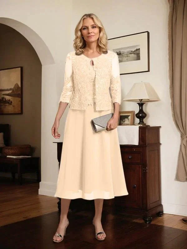 A-line Scoop Tea-Length Lace Chiffon Mother of the Bride Dress With Sequins - Image 64