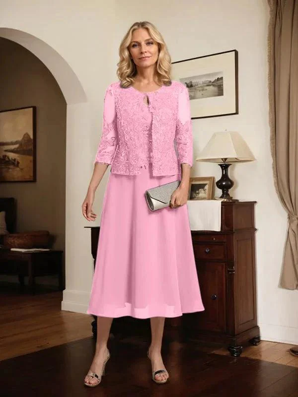 A-line Scoop Tea-Length Lace Chiffon Mother of the Bride Dress With Sequins - Image 65