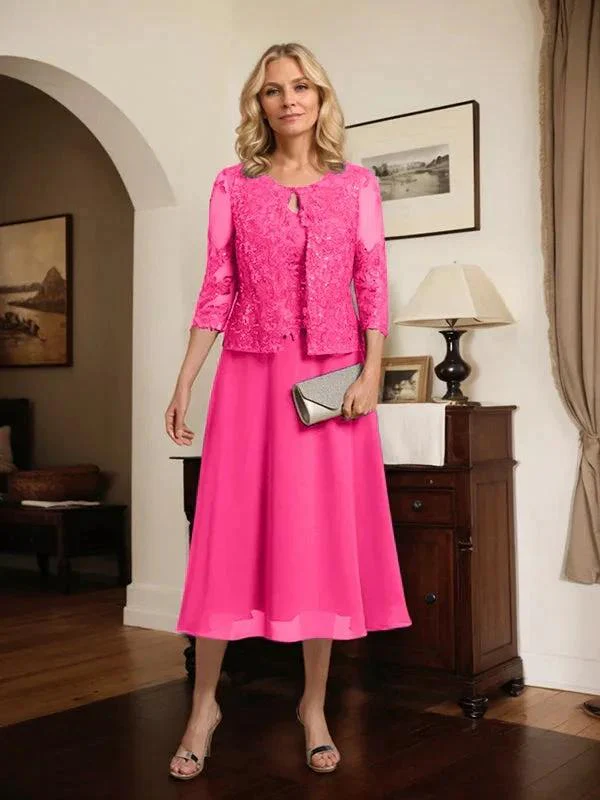 A-line Scoop Tea-Length Lace Chiffon Mother of the Bride Dress With Sequins - Image 67