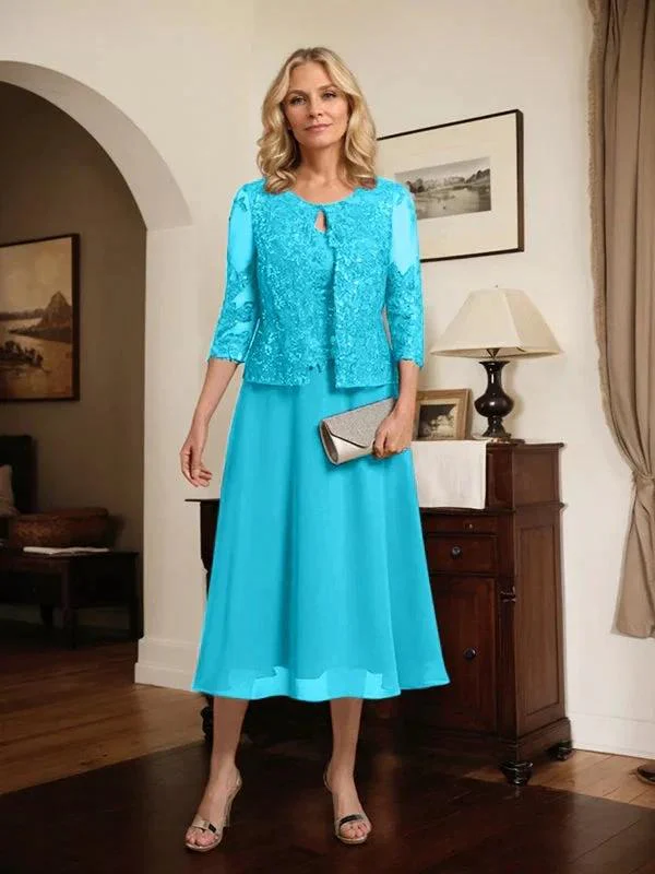 A-line Scoop Tea-Length Lace Chiffon Mother of the Bride Dress With Sequins - Image 68