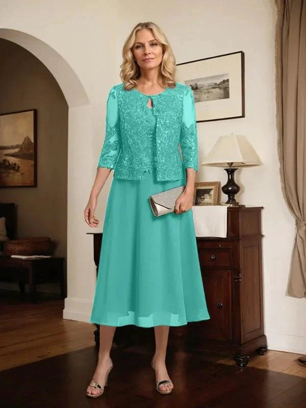 A-line Scoop Tea-Length Lace Chiffon Mother of the Bride Dress With Sequins - Image 69