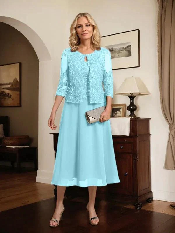 A-line Scoop Tea-Length Lace Chiffon Mother of the Bride Dress With Sequins - Image 70