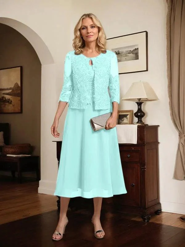 A-line Scoop Tea-Length Lace Chiffon Mother of the Bride Dress With Sequins - Image 71