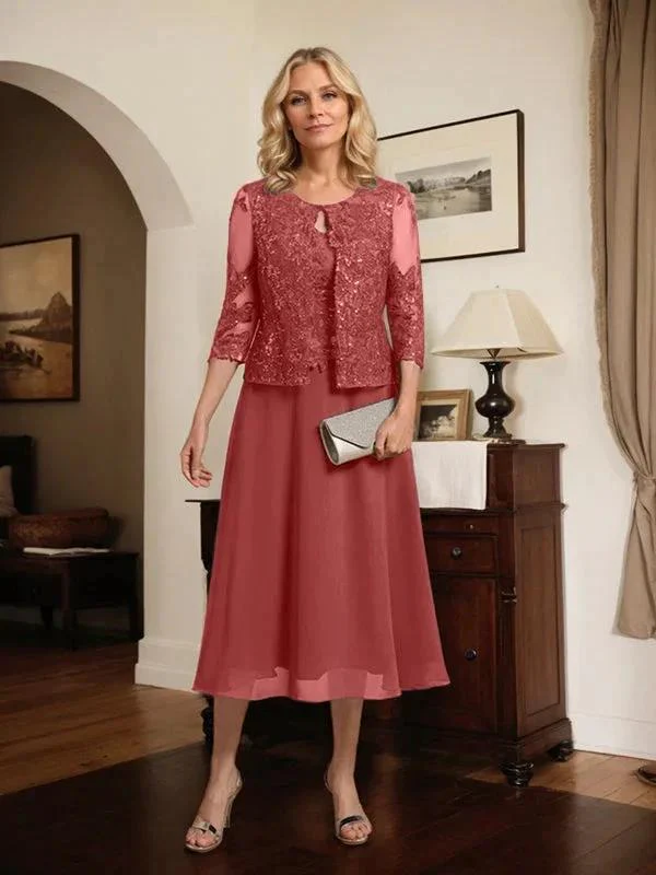 A-line Scoop Tea-Length Lace Chiffon Mother of the Bride Dress With Sequins - Image 73