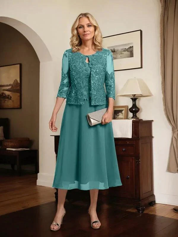 A-line Scoop Tea-Length Lace Chiffon Mother of the Bride Dress With Sequins - Image 74