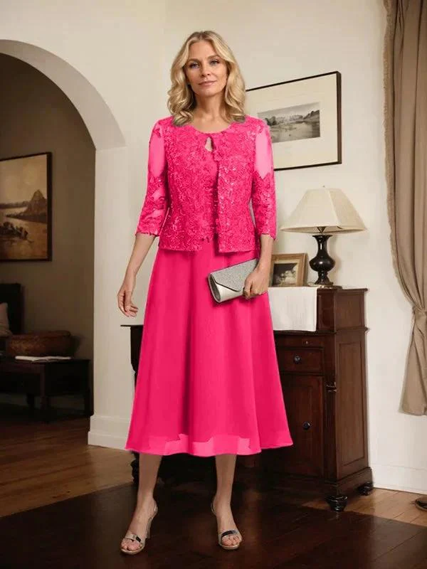 A-line Scoop Tea-Length Lace Chiffon Mother of the Bride Dress With Sequins - Image 75