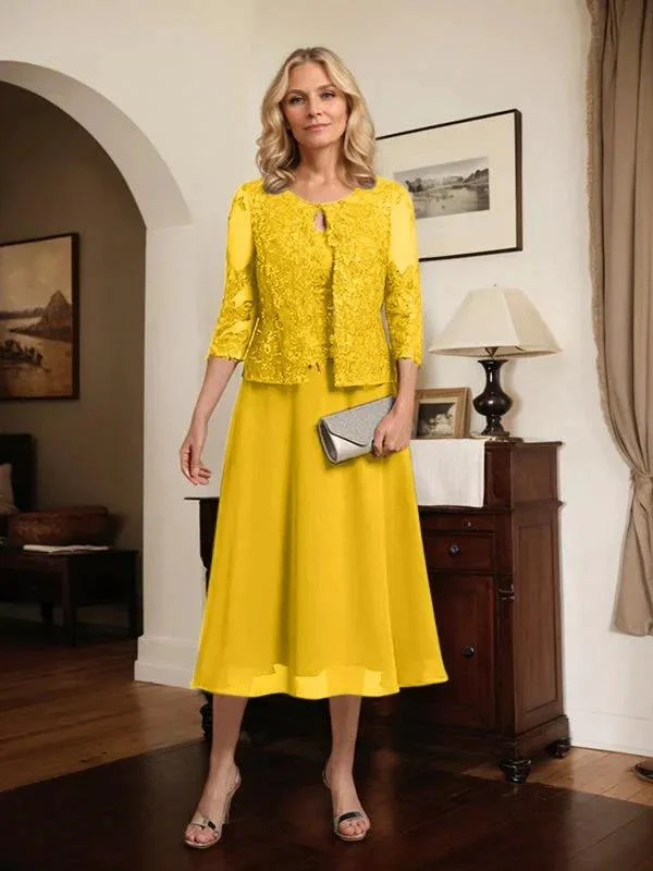 A-line Scoop Tea-Length Lace Chiffon Mother of the Bride Dress With Sequins - Image 76