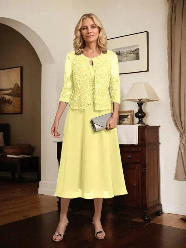 A-line Scoop Tea-Length Lace Chiffon Mother of the Bride Dress With Sequins - Image 77