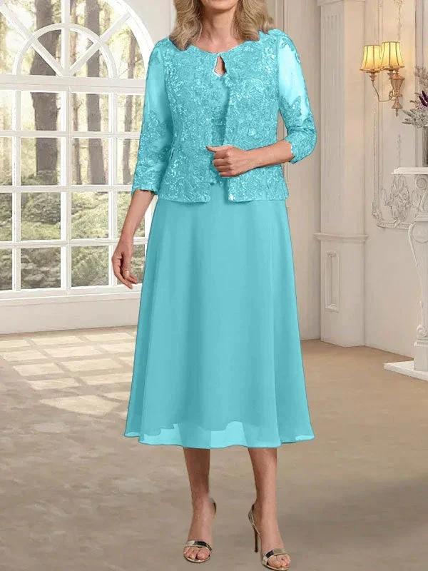 A-line Scoop Tea-Length Lace Chiffon Mother of the Bride Dress With Sequins - Image 8