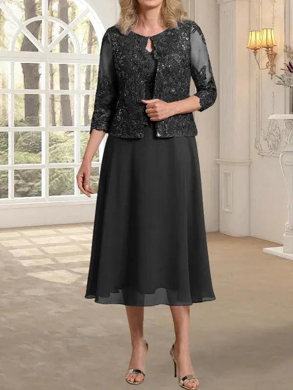 A-line Scoop Tea-Length Lace Chiffon Mother of the Bride Dress With Sequins - Image 9