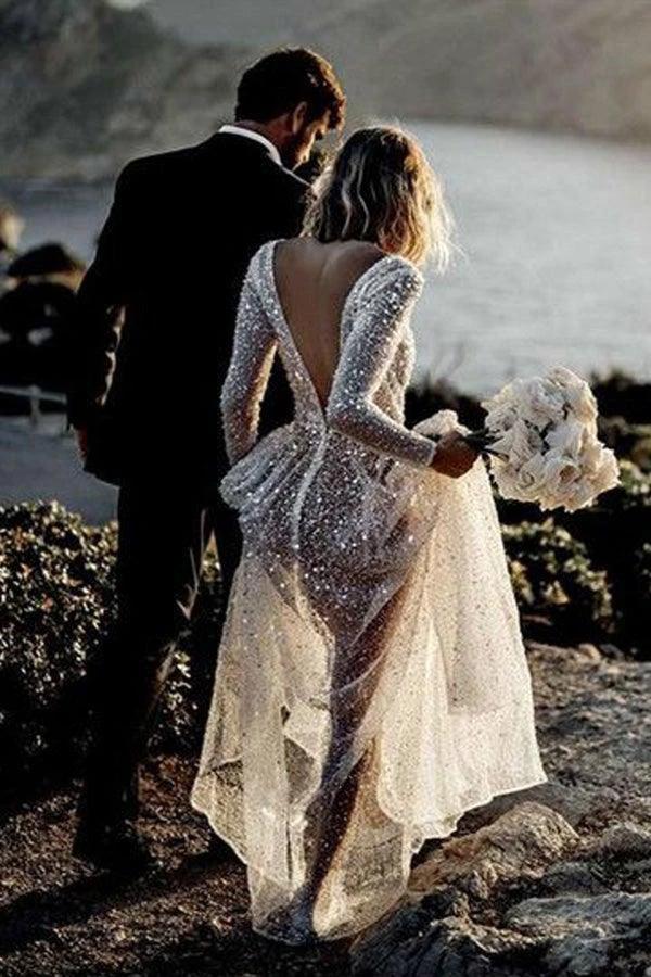 A Line See Through Deep V Neck Long Sleeves  Sparkly Wedding Dresses WD569 - Image 2
